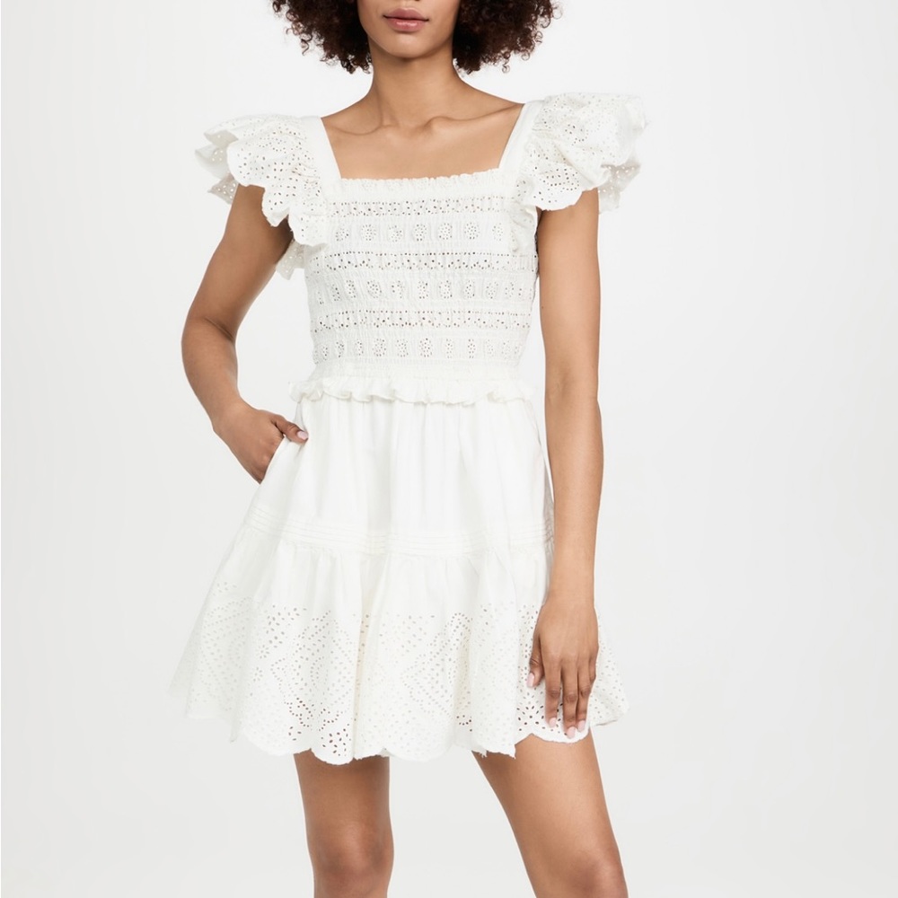 Sea New York Vienne Eyelit Flutter Sleeve Smocked Dress in White Size Small
